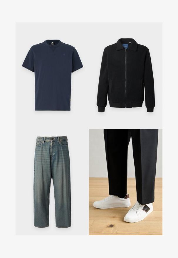 Black fleece jacket featuring a zip closure, stand collar, ribbed cuffs, and side pockets with a textured surface.; Navy blue short-sleeve t-shirt made of cotton, featuring a crew neckline and a small logo on the chest. Casual fit with a straight hem.; Light blue denim jeans with a loose fit, mid-rise waist, and straight legs. Features five pockets, belt loops, and a button closure.; White sneakers with smooth texture, featuring brown leather accents and black detailing, paired with black tailored pants. Wooden floor background.
