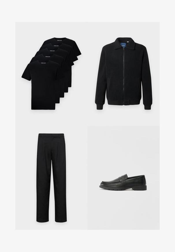 Μαύρο φλις μπουφάν με κλείσιμο με φερμουάρ, όρθιο γιακά, λαστιχένια μανίκια και πλάγιες τσέπες με υφή.; Μαύρα βαμβακερά μπλουζάκια με σχέδιο crew neck, τοποθετημένα σε στοίβα. Κάθε μπλούζα φέρει το λογότυπο "Selected" στον λαιμό.; Μαύρο παντελόνι από λείο ύφασμα, με ίσια γραμμή, δύο μπροστινές πιέτες και κανονική μέση με θηλιές ζώνης.; Μαύρα δερμάτινα παπούτσια loafers με λείο φινίρισμα, άνω μέρος τύπου μωκιανός, ραμμένες λεπτομέρειες και καουτσούκ σόλα. Κλασικός σχεδιασμός με χαμηλό τακούνι.