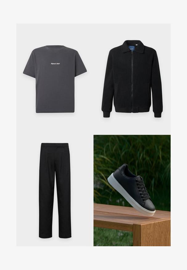 Juodas fliso džemperis su užtrauktuku, stovinčia apykakle, gumuotais rankogaliais ir šoninėmis kišenėmis, turinčiomis tekstūruotą paviršių.; Tamsiai pilkas medvilninis marškinėliai su trumpomis rankovėmis, apvaliu kaklu ir baltu siuvinėtą užrašą "Original Studio" ant krūtinės. Paprastas dizainas.; Juodi kelnių modeliai, pagaminti iš lygios medžiagos, turi tiesią kojas, du priekiniai klostės ir standartinę juosmenį su diržo kilpomis.; Juodas odinis sportbačių modelis su lygiu paviršiumi, baltu guminio pado ir šešiomis skylutėmis raišteliams, eksponuojamas ant medinės paviršiaus.