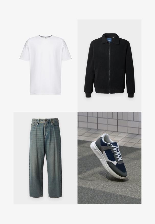 Giacca in pile nera con chiusura zip, colletto alto, polsini a coste e tasche laterali con superficie strutturata.; T-shirt bianco in cotone con maniche corte, colletto girocollo e vestibilità ampia. Senza motivi o loghi, texture liscia e lunghezza standard.; Jeans di denim azzurro chiaro con vestibilità ampia, vita media e gambe dritte. Presenta cinque tasche, passanti per cintura e chiusura con bottone.; Sneaker con tomaia in rete blu navy, inserti in suede grigio, suola in gomma bianca e lacci bianchi piatti, progettata per comfort e traspirabilità.