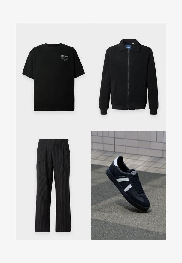 Černá fleecová bunda s zipovým uzávěrem, stojáčkem, vroubkovanými manžetami a bočními kapsami s texturovaným povrchem.; Černé bavlněné tričko s kulatým výstřihem a krátkými rukávy; má bíle potisknutý text na horní levé straně. Hladká textura.; Jack & Jones JPSTBILL JJDAYTONA WIDE - Kalhoty - black; Černé kožené tenisky s bílými pruhy, texturovanou gumovou podrážkou a šněrováním vpředu. Obsahují značenou etiketu na jazyku.