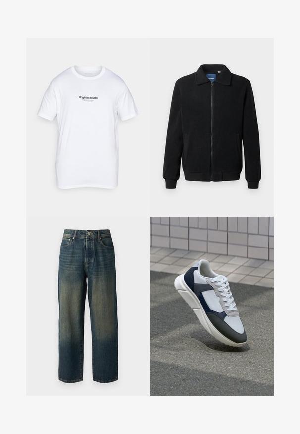 Svart fleece jakke med glidelås, høy krage, ribbestrikkede mansjetter og sidelommer med strukturert overflate.; Hvitt bomullst skjorte med korte ermer. Har en svart trykt logo "Originals Studio" på fronten. Klassisk crew neck design.; Blå denimjeans med rett snitt, med et falmet design som har lysere nyanser mot kanten, fem lommer og knappelukking.; Hvitt, marineblått og grått sportsko med en blandet materialdesign, som har en teksturert overdel, flate snørebånd og en polstret såle.