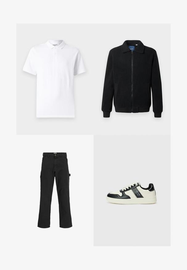 Musternahk fleece-jakk musternahaga, tõmblukk, seisev kaelus, soonikkoes varrukad ja küljetaskud tekstuurse pinnaga.; Valge polo särk klassikalise krae, kahe nupuga eest, lühikeste varrukate ja väikese logoga rinna peal. Valmistatud siledast kangast.; Mustad seljandavad püksid puuvilla ja sünteetilise segu kangast. Omavad laiu jalgu, ees kaldus taskuid ning külgtaskut, millel on tarvikute jaoks silmus.; Nahatud nahkkingad musta ja kreemi värviskeemiga, millel on perforeeritud aktsendid, pehme krae ja tekstureeritud tallad.