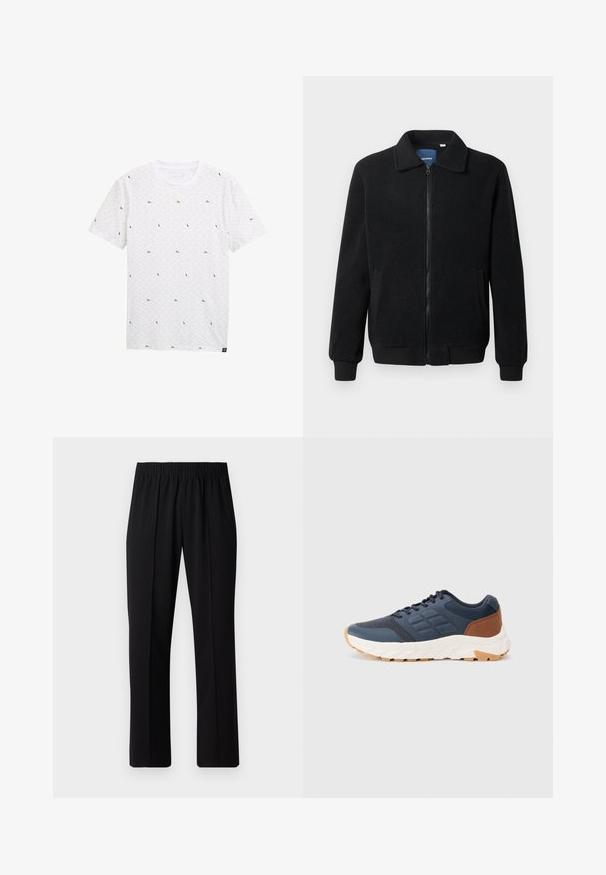 Chaqueta de forro polar negra con cierre de cremallera, cuello alzado, puños acanalados y bolsillos laterales con una superficie texturizada.; Camiseta blanca con un patrón geométrico, que presenta pequeños shapes triangulares en verde y negro. Mangas cortas y cuello redondo, fabricada con una tela suave.; Pantalones negros con cintura elástica y diseño de pierna recta, con una textura suave y sin patrones o herrajes visibles.; Zapatillas deportivas azul marino con un acento en el talón marrón, parte superior de malla texturizada, cuello acolchado y suela de goma blanca con un dibujo en el tread.