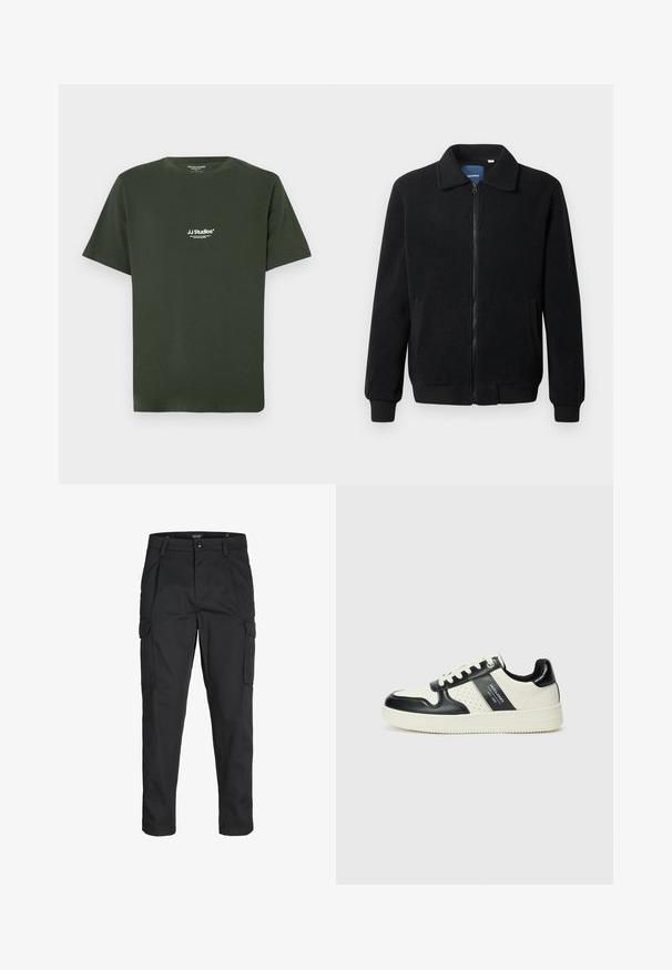 Schwarze Fleecejacke mit Reißverschluss, Stehkragen, gerippten Bündchen und seitlichen Taschen mit strukturiertem Oberflächenmaterial.; Dunkelgrünes Baumwoll-T-Shirt mit kurzen Ärmeln und Rundhalsausschnitt, mit weißem "JJ Studios"-Logo auf der Brust. Glatte Textur, lässiges Design.; Schwarze Cargo-Hose aus robustem Material, mit mehreren Taschen, einem Knopfverschluss und einem Slim-Fit-Design mit schmal zulaufenden Beinen.; Leder-Sneaker in Schwarz- und Cremetönen, mit perforierten Akzenten, einem gepolsterten Kragen und einer strukturierten Laufsohle.