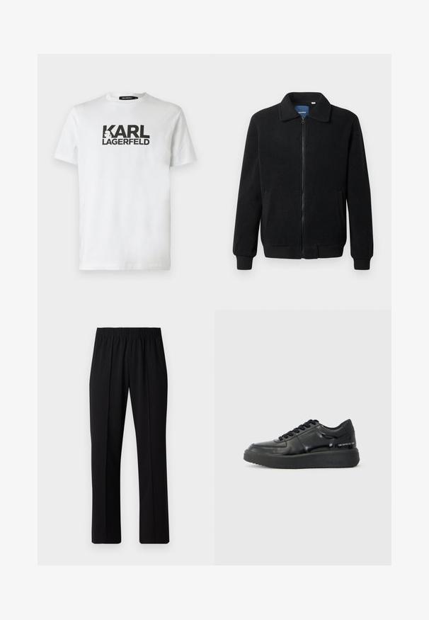 Musta fleece-takki, jossa on vetoketjulla suljettavat, pystykaulus, ribbireunat ja sivutaskut, joissa on teksturoitu pinta.; Valkoinen puuvillapaita, jossa on suuri musta "KARL LAGERFELD" -logo painettuna eteen. Pyöreä pääntie ja lyhyet hihat. Yksinkertainen muotoilu.; Mustat, joustavat vyötäröhousut suoralla lahkeella, joissa on sileä pinta ilman näkyviä kuvioita tai metalliosia.; Mustat nahkakengät, joissa on sileä pinta, pyöreä kärki ja kontrastiväri musta kumipohja. Varustettu litteillä nauhoilla ja brändäyksellä sivulla.