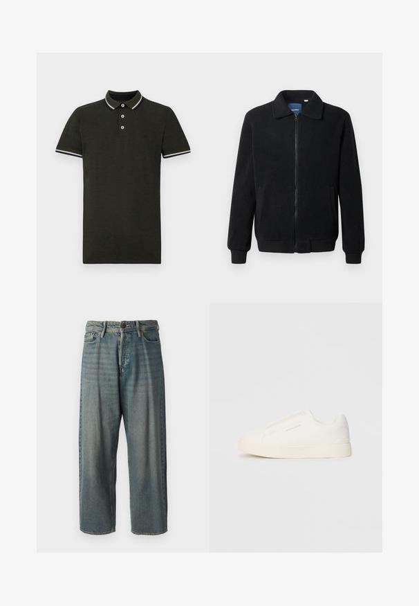 Črna flis jakna z zadrgo, stoječim ovratnikom, rebrastimi zapestji in stranskimi žepi s teksturirano površino.; Temnozeleni polo majica iz teksturirane tkanine. Ima dvogumbasto zapenjanje, kontrastni ovratnik in manšete v belem in mornarsko modrem črtastem vzorcu.; Svetlomoderne kavbojke z ohlapnim krojem, srednjim pasom in ravnimi nogami. Imajo pet žepov, zanke za pas in zapiranje na gumb.; Bele zapete brez vezalk z teksturirano površino, debelim podplatom in minimalističnim dizajnom. Na strani se nahaja logotip blagovne znamke.