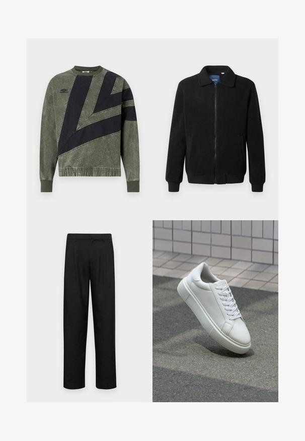 Svart fleece jakke med glidelås, høy krage, ribbestrikkede mansjetter og sidelommer med strukturert overflate.; Langermet, grønn og svart fargeblokkert genser med ribbestrikkede mansjetter og krage, med Umbro-logo på venstre bryst.; Sorte bukser laget av glatt stoff, med rette ben, to frontfoldninger og standard liv med beltehemper.; Hvit lær sneaker med glatt overflate, rund tå og flate hvite snøringer. Har en teksturert gummisåle og minimale design elementer.