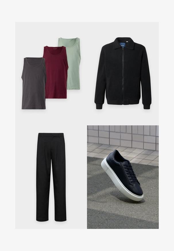 Juodas fliso džemperis su užtrauktuku, stovinčia apykakle, gumuotais rankogaliais ir šoninėmis kišenėmis, turinčiomis tekstūruotą paviršių.; Tris marškinėlių be rankovių įvairiomis spalvomis: tamsiai pilka, burgundiška ir šviesiai žalia. Kiekvienas pasižymi lygiu audiniu ir apvalia iškirpte.; Juodi kelnių modeliai, pagaminti iš lygios medžiagos, turi tiesią kojas, du priekiniai klostės ir standartinę juosmenį su diržo kilpomis.; Juodas odinis sportbačius su apvaliu pirštu ir baltu gumuotu padu. Turi plokščias raišteles ir minimalų siuvimą viršuje. Padangos tekstūra užtikrina sukibimą.