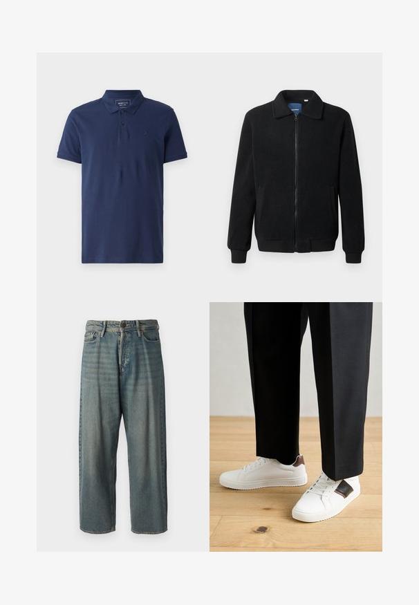 Casaco de polar preto com fecho de correr, gola alta, punhos canelados e bolsos laterais com uma superfície texturizada.; Polo de cor azul-marinho feito de algodão, com uma pala de três botões, mangas curtas e um logotipo discreto no peito. Textura suave.; Jeans de ganga azul claro com um corte solto, cintura média e pernas retas. Apresenta cinco bolsos, passadores de cinto e fecho com botão.; Ténis brancos com textura suave, apresentando elementos em pele castanha e detalhes em preto, combinados com calças pretas ajustadas. Fundo de chão de madeira.