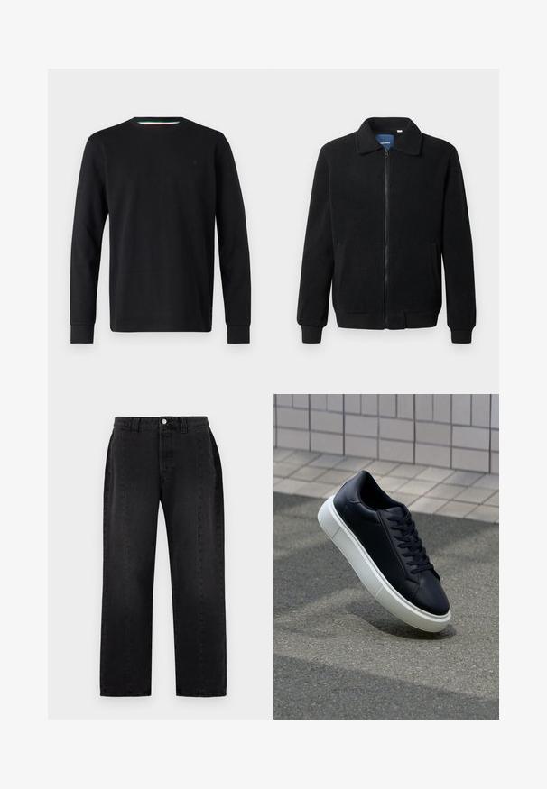 Schwarze Fleecejacke mit Reißverschluss, Stehkragen, gerippten Bündchen und seitlichen Taschen mit strukturiertem Oberflächenmaterial.; Replay Langarmshirt - black; Schwarze Denim-Jeans mit geradem Bein. Ausgestattet mit einem Knopfverschluss, Gürtelschlaufen und zwei Taschen an den Seiten. Glatte Textur, keine sichtbaren Muster.; Schwarze Leder-Sneaker mit runder Zehenpartie und weißer Gummisohle. Verfügt über flache Schnürsenkel und minimale Nähte im Obermaterial. Strukturiertes Sohlenprofil für besseren Halt.
