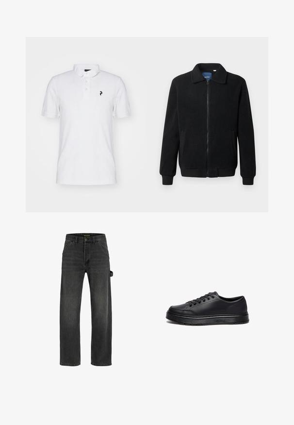 Giacca in pile nera con chiusura zip, colletto alto, polsini a coste e tasche laterali con superficie strutturata.; Polo bianco con colletto classico, pattina con tre bottoni e un piccolo logo nero sul lato sinistro del petto. Materiale cotone, maniche corte.; Jeans in denim grigio scuro con taglio dritto, cinque tasche, chiusura con bottone metallico e dettaglio con cintura laterale.; Sneaker nere a scarpa bassa realizzate in materiale sintetico liscio, con lacci tondi, sei occhielli e una suola in gomma testurizzata con accenti bianchi.