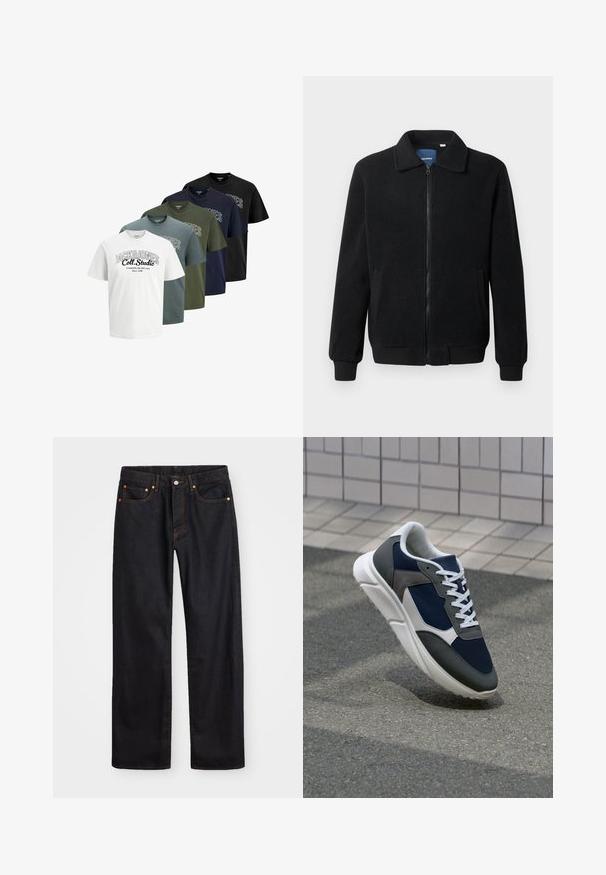 Melnā vilnas jaka ar rāvējslēdzēju, stāvošu apkakli, ribotām piedurknēm un sānu kabatām ar teksturētu virsmu.; Pieci salocīti īsām piedurknēm T-krekli ar apaļu kaklu baltā, zilā, zaļā, tumši zilā un melnā krāsā, ar tekstu "JACK & JONES Coll. Studio" drukātu priekšpusē.; Vīriešu taisno kāju melnie džinsi ar piecām kabatām un oranžu izšuvumu, ar pogu un zipa aizdari priekšējā jostas daļā.; Sporta apavi ar tumši zilas krāsas tīkla augšdaļu, pelēku zamšādas akcentiem, baltu gumijas zoli un plakaniem baltiem šņorēm, kas izstrādāti komfortam un elpojamībai.