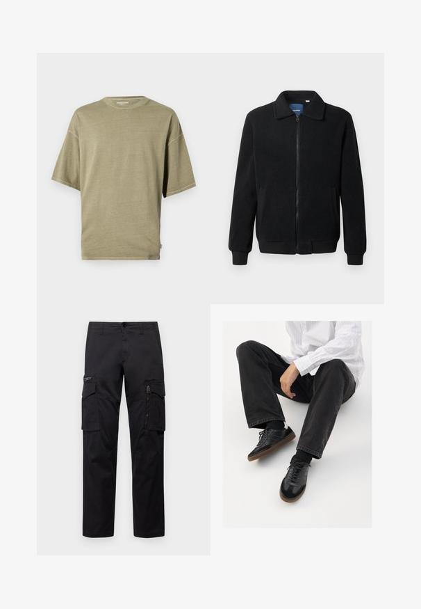 Črna flis jakna z zadrgo, stoječim ovratnikom, rebrastimi zapestji in stranskimi žepi s teksturirano površino.; Olivno zelen kratkodlaki majica iz mehkega materiala, z okroglo ovratnico in sproščenim krojem s šivanimi robovi.; Črne cargo hlače z več žepi, z zadrgo na stegnu, ravnim krojem in trdnim bombažnim materialom z rahlo sijajem.; Črne superge z gladkim in strukturiranim zgornjim delom, ki vključuje gumijast podplat in temne vezalke. Uvrščene so z štručasto črnimi kavbojkami in belo črtasto majico.