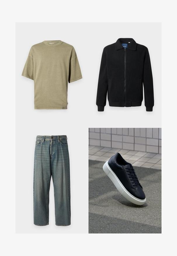 Casaco de polar preto com fecho de correr, gola alta, punhos canelados e bolsos laterais com uma superfície texturizada.; T-shirt de mangas curtas em verde-azeitona, feito de tecido suave, com decote redondo e um corte descontraído com costuras visíveis.; Jeans de ganga azul claro com um corte solto, cintura média e pernas retas. Apresenta cinco bolsos, passadores de cinto e fecho com botão.; Sapatilha de couro preto com bico arredondado e sola de borracha branca. Apresenta atacadores planos e costuras mínimas na parte superior. Sola texturizada para melhor aderência.