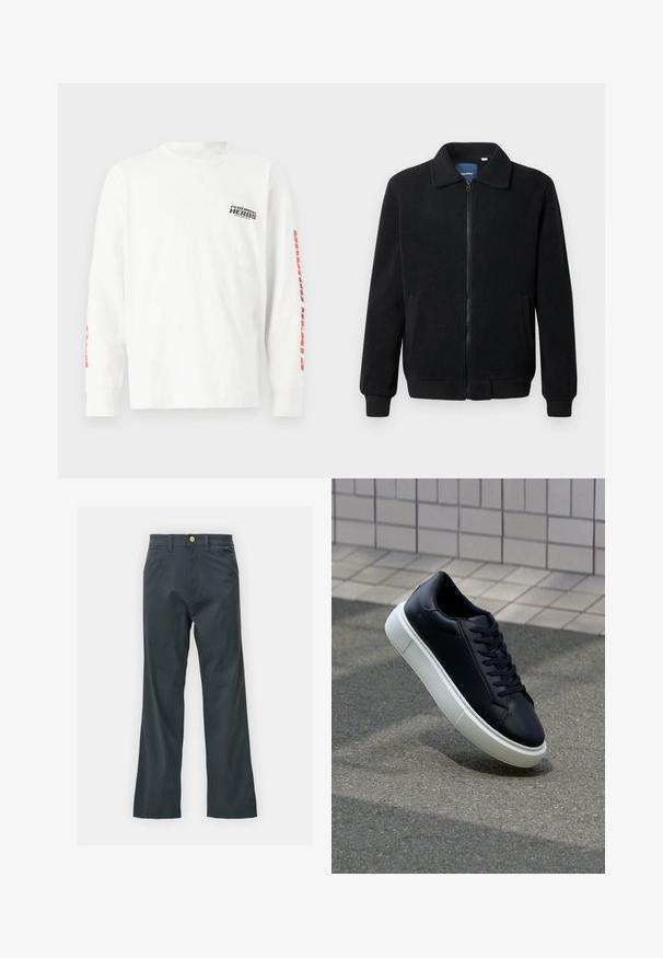 Casaco de polar preto com fecho de correr, gola alta, punhos canelados e bolsos laterais com uma superfície texturizada.; Camiseta de manga longa branca em algodão, com texto preto no peito e texto vermelho nas mangas; corte descontraído com punhos canelados.; Calças pretas com corte reto, feitas de um tecido em mistura de algodão. Apresenta um fecho com botão metálico e bolsos laterais. Sem padrões visíveis.; Sapatilha de couro preto com bico arredondado e sola de borracha branca. Apresenta atacadores planos e costuras mínimas na parte superior. Sola texturizada para melhor aderência.