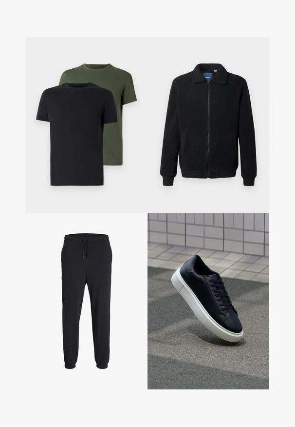 Crni flis jakna s zatvaranjem na zip, stojećim ovratnikom, rebrastim manžetama i bočnim džepovima s teksturiranom površinom.; Dva majica s okruglim izrezom u crnoj i maslinastoj boji, napravljena od mekanog pamučnog materijala. Dizajn je jednostavan s kratkim rukavima i ravnim krojem.; Crne trenirke napravljene od mekog materijala, s elastičnim pojasom s vezicom i elastičnim manžetama na gležnjevima.; Crne kožne tenisice s zaobljenim vrhom i bijelim gumiranim potplatom. Imaju ravne vezice i minimalno šivanje na gornjem dijelu. Teksturirani potplat za bolje prianjanje.