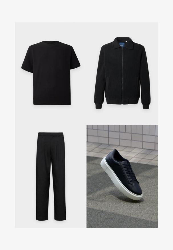 Črna flis jakna z zadrgo, stoječim ovratnikom, rebrastimi zapestji in stranskimi žepi s teksturirano površino.; Črna kratka majica s kratkimi rokavi, izdelana iz teksturirane tkanine, z okroglim izrezom in sproščenim krojem. Preprosta, brez vzorcev ali dodatkov.; Črne hlače iz gladkega materiala, s krojem ravne noge, dvema sprednjima pregiboma in standardnim pasom z zankami za pas.; Črne usnjene superge z zaobljenim prstom in belim gumijastim podplat. Imajo ravne vezalke in minimalno šivanje na zgornjem delu. Teksturirani podplat za oprijem.