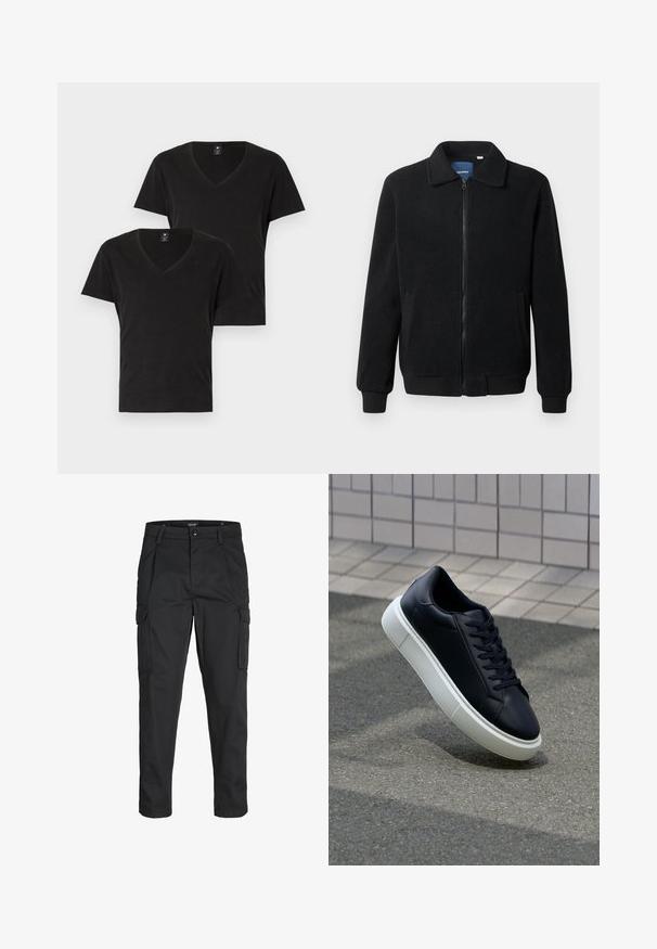 Black fleece jacket featuring a zip closure, stand collar, ribbed cuffs, and side pockets with a textured surface.; Two black v-neck t-shirts made of soft cotton. Short sleeves and a standard fit. Minimalist design with a subtle logo on the chest.; Black cargo pants made of sturdy fabric, featuring multiple pockets, a button closure, and a slim fit design with tapered legs.; Black leather sneaker with rounded toe and white rubber sole. Features flat laces and minimal stitching on the upper. Textured sole for grip.