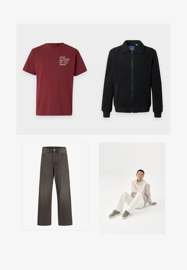 Casaco de polar preto com fecho de correr, gola alta, punhos canelados e bolsos laterais com uma superfície texturizada.; T-shirt de algodão bordô com gola redonda, mangas curtas, e texto branco: "Eu serei libertado New York, NY - Julho Replay" no peito.; Jeans de perna larga em denim cinza escuro, com cintura alta, design clássico de cinco bolsos e costura em contraste ao longo das costuras.; Camisa beige de botão, calças brancas e sapatilhas cinzas. A camisa tem um corte solto e as sapatilhas apresentam uma superfície texturizada e um design com atacadores.