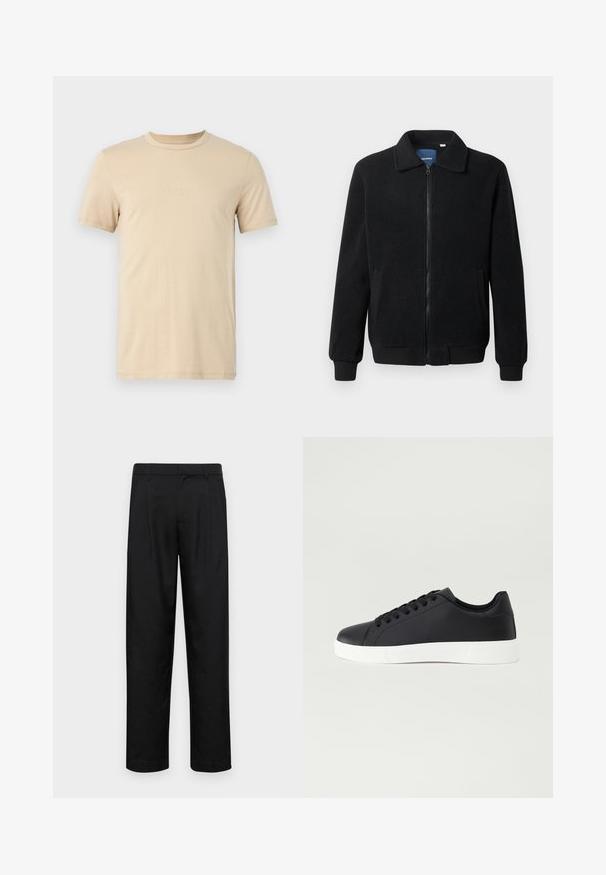 Casaco de polar preto com fecho de correr, gola alta, punhos canelados e bolsos laterais com uma superfície texturizada.; T-shirt de algodão bege com mangas curtas, gola redonda e texto em relevo do LOGO na frente. Textura suave e ajuste padrão.; Calças pretas feitas de tecido suave, com um design de perna reta, dois pregas frontais e uma cintura padrão com passantes para cinto.; Pier One UNISEX - Sapatilhas - black