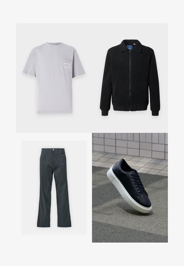 Černá fleecová bunda s zipovým uzávěrem, stojáčkem, vroubkovanými manžetami a bočními kapsami s texturovaným povrchem.; Šedé bavlněné tričko s kulatým výstřihem, krátkými rukávy a kapsičkou na levé straně hrudi s vyšívanými detaily textu.; Černé kalhoty s rovnými nohavicemi, vyrobené z bavlněné směsi. Mají kovové zapínání a boční kapsy. Bez viditelných vzorů.; Černé kožené tenisky s kulatou špičkou a bílou gumovou podrážkou. mají ploché tkaničky a minimální šití na svršku. Texturovaná podrážka pro lepší přilnavost.