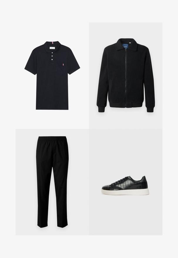 Chaqueta de forro polar negra con cierre de cremallera, cuello alzado, puños acanalados y bolsillos laterales con una superficie texturizada.; Polo negro hecho de tejido текстurado, con una tapeta de tres botones, mangas cortas y un pequeño bolsillo con un acento rojo, blanco y azul.; Pantalones negros con una cinturilla elástica, presentan un diseño de pierna recta. La tela parece suave con una textura mate, sin patrones visibles.; Zapatillas negras con parte superior de cuero con textura de cocodrilo en relieve, puntera redondeada y una suela de goma blanca contrastante con un acabado suave.