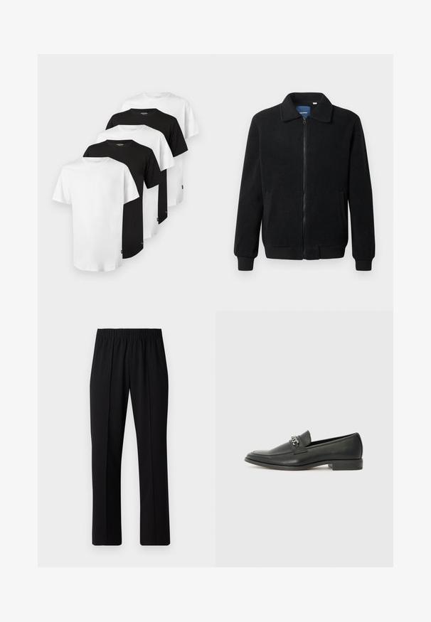 Schwarze Fleecejacke mit Reißverschluss, Stehkragen, gerippten Bündchen und seitlichen Taschen mit strukturiertem Oberflächenmaterial.; Set mit fünf T-Shirts: drei weiße und zwei schwarze. Klassisches Rundhalsausschnitt-Design, kurze Ärmel, Baumwollstoff, glatte Textur, normale Passform.; Schwarze, Gummibund-Hosen mit geradem Schnitt, die eine glatte Textur aufweisen und keine sichtbaren Muster oder Beschläge haben.; Schwarzer Lederloafer mit glatter Oberfläche, ausgestattet mit einer gesteppten Gestaltung und einem dekorativen Metallkettendetail über dem Vorderblatt. Flacher Absatz.