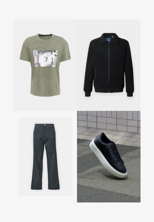 Casaco de polar preto com fecho de correr, gola alta, punhos canelados e bolsos laterais com uma superfície texturizada.; Pepe Jeans CROOKE - T-shirt estampada - range; Calças pretas com corte reto, feitas de um tecido em mistura de algodão. Apresenta um fecho com botão metálico e bolsos laterais. Sem padrões visíveis.; Sapatilha de couro preto com bico arredondado e sola de borracha branca. Apresenta atacadores planos e costuras mínimas na parte superior. Sola texturizada para melhor aderência.