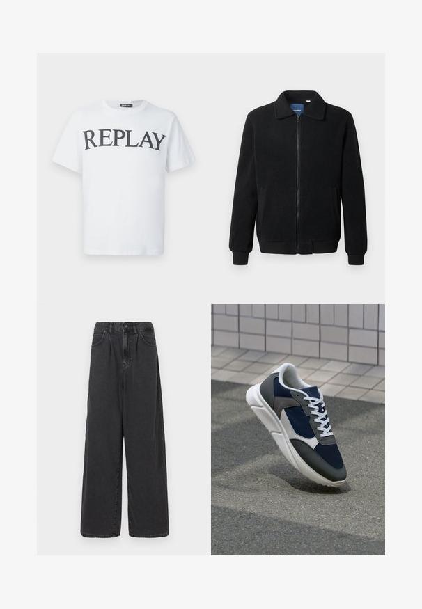 Casaco de polar preto com fecho de correr, gola alta, punhos canelados e bolsos laterais com uma superfície texturizada.; T-shirt branco de manga curta com decote redondo, apresentando o texto preto "REPLAY" em destaque no peito, sobre um fundo liso.; Calças de ganga pretas de perna larga e cintura alta, com fecho frontal de botão e zipper, apresentando bolsos laterais e uma textura suave.; Sapatilha com parte superior em malha azul-marinho, detalhes em camurça cinza, sola de borracha branca e atacadores brancos planos, projetada para conforto e respirabilidade.