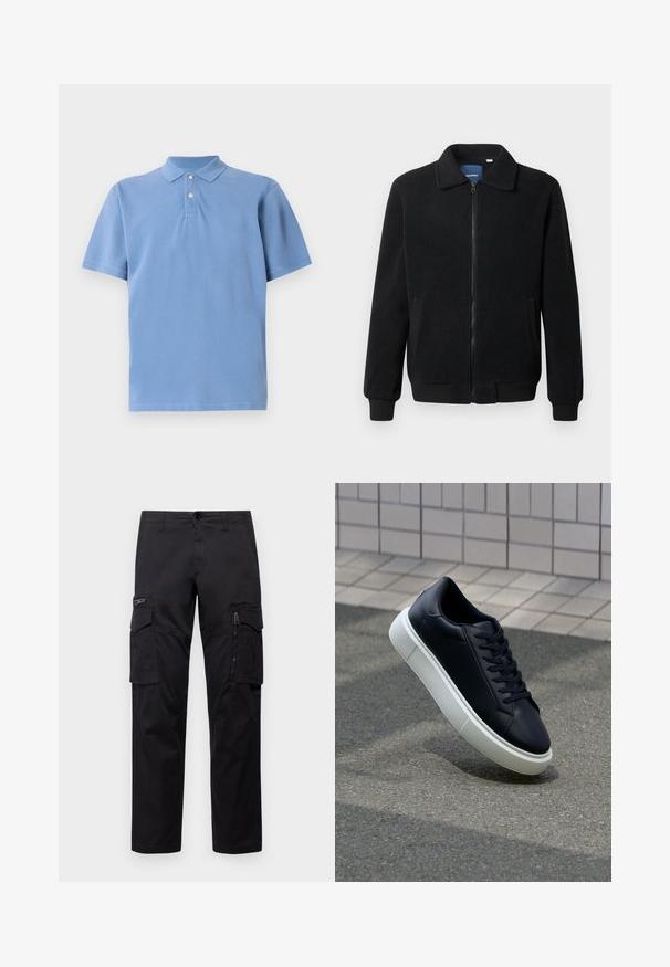 Schwarze Fleecejacke mit Reißverschluss, Stehkragen, gerippten Bündchen und seitlichen Taschen mit strukturiertem Oberflächenmaterial.; Hellblaues Poloshirt aus weicher Baumwolle mit klassischem Kragen, drei Knöpfen und kurzen Ärmeln mit glatter Textur.; Schwarze Cargo-Hosen mit mehreren Taschen, einer Reißverschlusstasche am Oberschenkel, geradem Schnitt und strapazierfähigem Baumwollstoff mit leichtem Glanz.; Schwarze Leder-Sneaker mit runder Zehenpartie und weißer Gummisohle. Verfügt über flache Schnürsenkel und minimale Nähte im Obermaterial. Strukturiertes Sohlenprofil für besseren Halt.