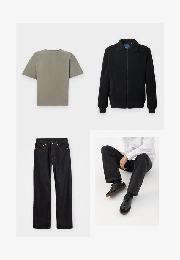 Melnā vilnas jaka ar rāvējslēdzēju, stāvošu apkakli, ribotām piedurknēm un sānu kabatām ar teksturētu virsmu.; Īsām piedurknēm, apaļas kakla t-krekls blāvā zaļā krāsā. Izgatavots no mīksta kokvilnas, ar gludu faktūru un tīrām malām. Nav redzamu logotipu vai rakstu.; Vīriešu taisno kāju melnie džinsi ar piecām kabatām un oranžu izšuvumu, ar pogu un zipa aizdari priekšējā jostas daļā.; Melnas sporta kurpes ar gludu un teksturētu virsu, apgādātas ar gumijas zoli un tumšiem auklām. Saskaņotas ar melniem džinsiem un baltu svītrainu krekls.