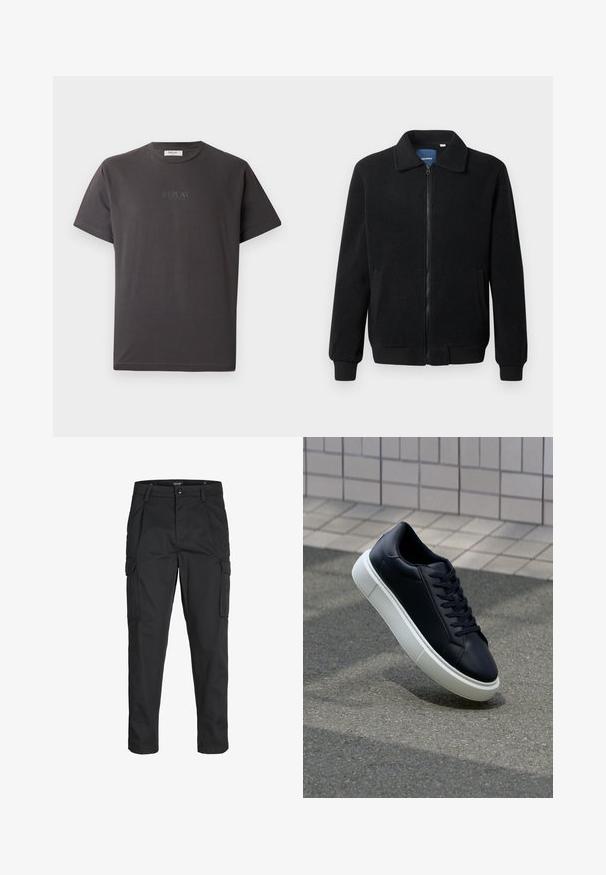 Melnā vilnas jaka ar rāvējslēdzēju, stāvošu apkakli, ribotām piedurknēm un sānu kabatām ar teksturētu virsmu.; Tumši pelēks īsām piedurknēm kokvilnas T-krekls ar maigi paaugstinātu "REPLAY" logotipu priekšā. Apaļa kakla izgriezums un brīva piegriezuma forma.; Melnas kravas bikses, izgatavotas no izturīga auduma, ar vairākiem kabatām, pogu aizdari un šaura piegriezuma dizainu ar sašaurinātiem kāju apakšiem.; Melnas ādas kedas ar noapaļotu pirkstu un baltu gumijas zoli. Iespējas - plakanas šņorītes un minimāla apdare augšdaļā. Struktūrēta zole, lai nodrošinātu saķeri.