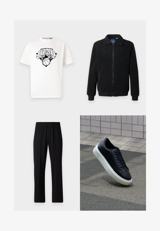 Schwarze Fleecejacke mit Reißverschluss, Stehkragen, gerippten Bündchen und seitlichen Taschen mit strukturiertem Oberflächenmaterial.; Weißes Baumwoll-T-Shirt mit einem schwarzen Grafikumdruck, der "HOMETOWN HERO", Flammen und ein Basketballdesign in der Mitte der Vorderseite zeigt.; Schwarze, Gummibund-Hosen mit geradem Schnitt, die eine glatte Textur aufweisen und keine sichtbaren Muster oder Beschläge haben.; Schwarze Leder-Sneaker mit runder Zehenpartie und weißer Gummisohle. Verfügt über flache Schnürsenkel und minimale Nähte im Obermaterial. Strukturiertes Sohlenprofil für besseren Halt.