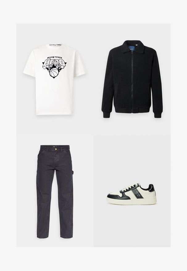 Veste en polaire noire avec fermeture éclair, col montant, poignets côtelés et poches latérales avec une surface texturée.; T-shirt en coton blanc avec un imprimé graphique noir portant l'inscription "HOMESTAR HERO", des flammes et un design de basketball centré à l'avant.; Pantalons cargo gris foncé en tissu durable, avec une coupe droite, cinq poches et une fermeture à bouton à la taille.; Baskets en cuir avec un schéma de couleurs noir et crème, dotées d'accents perforés, d'un col rembourré et d'une semelle texturée.