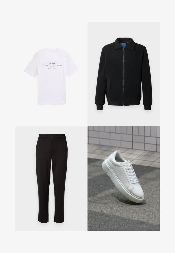 Zwarte fleece jas met een ritssluiting, staande kraag, ribgebreide manchetten en zijzakken met een textuur.; Witte katoen T-shirt met korte mouwen. Heeft blauwe tekst op de voorkant: "Sky Squad," "Tom Tailor," en "Sinds 1962," samen met verschillende ontwerpen.; Zwarte broek gemaakt van lichte stof, met een rechte pijp, knoopsluiting aan de voorkant, riemlussen en zijzakken.; Witte leren sneaker met een glad oppervlak, ronde neus en platte witte veters. Voorzien van een gestructureerde rubberen zool en minimale ontwerpelementen.