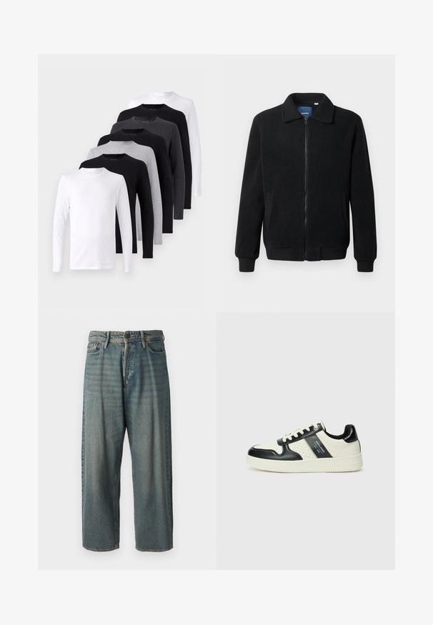 Melnā vilnas jaka ar rāvējslēdzēju, stāvošu apkakli, ribotām piedurknēm un sānu kabatām ar teksturētu virsmu.; Ilgākas piedurknes T-krekls komplektā melnā, baltā un pelēkā krāsā. Kvalitatīvs kokvilnas materiāls, ar apaļu kakla izgriezumu, gluda tekstūra bez rakstiem vai akcentiem.; Gaiši zili džinsi ar brīvu piegriezumu, vidējo jostas augstumu un taisnām kājām. Satur piecas kabatas, jostas cilpas un pogu aizdari.; Ādas sporta apavi ar melnbaltu krāsu shēmu, ar perforētiem akcentiem, mīkstinātu apkakli un teksturētu zoli.
