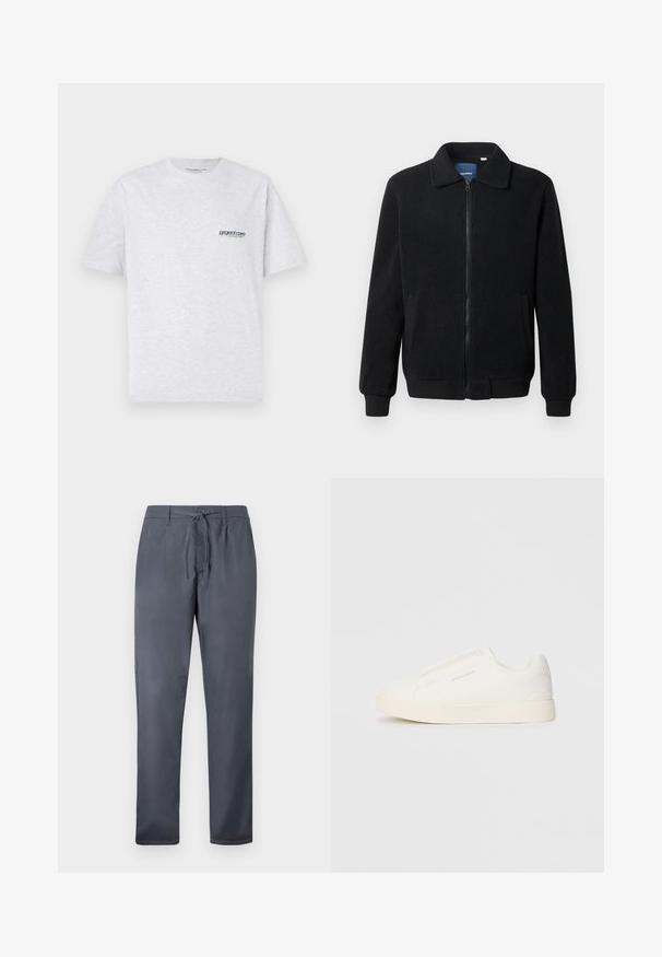 Musta fleece-takki, jossa on vetoketjulla suljettavat, pystykaulus, ribbireunat ja sivutaskut, joissa on teksturoitu pinta.; Harmaa lyhythihainen t-paita, jossa on pieni sininen "project core" -logo vasemmalla rinnan puolella, esillä yksinkertaisella taustalla.; Harmaat housut, jotka on valmistettu sileästä kankaasta, varustettu nyörikiinnityksellä ja sivutaskuilla. Suorat lahkeet ja siisti viimeistely.; Valkoiset liukusukat, joissa on teksturoitu pinta, paksu pohja ja minimalistikot. Sivulla on brändin logo.