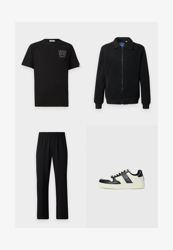 Black fleece jacket featuring a zip closure, stand collar, ribbed cuffs, and side pockets with a textured surface.; Black cotton t-shirt with short sleeves, round neckline, and front chest graphic print in gray. Features a small brand tag on the side.; Black, elastic-waist trousers with a straight-leg design, featuring a smooth texture and no visible patterns or hardware.; Leather sneakers with a black and cream color scheme, featuring perforated accents, a padded collar, and a textured outsole.