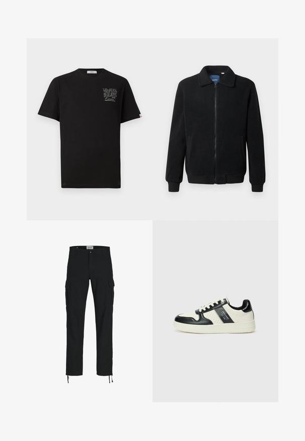 Melnā vilnas jaka ar rāvējslēdzēju, stāvošu apkakli, ribotām piedurknēm un sānu kabatām ar teksturētu virsmu.; Melna kokvilnas t-kreklā ar īsām piedurknēm, apaļu kakla izgriezumu un pelēku grafisku apdruku uz krūšu. Ietver mazu zīmola birku uz sāna.; Melni cargo bikses ar taisnu piegriezumu, ar sānu kabatām, pogu aizdari un elastīgām auklām pie potītēm. Izgatavotas no izturīga auduma.; Ādas sporta apavi ar melnbaltu krāsu shēmu, ar perforētiem akcentiem, mīkstinātu apkakli un teksturētu zoli.