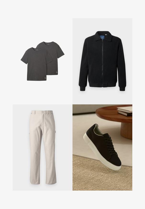 Zwarte fleece jas met een ritssluiting, staande kraag, ribgebreide manchetten en zijzakken met een textuur.; Twee t-shirts met korte mouwen in antracietgrijs, gemaakt van een zachte katoenmix, met een ronde hals en een klein logo-detail aan de onderkant.; Beige cargobroek van stevig katoen met rechte pijpen, voorknopsluiting en zijzakken voor gebruiksgemak. Gladde textuur met subtiele stiksels.; Zwarte sneaker met witte zool die boven een beige gestructureerd tapijt zweeft, nabij een ronde houten tafel met gestapelde boeken.