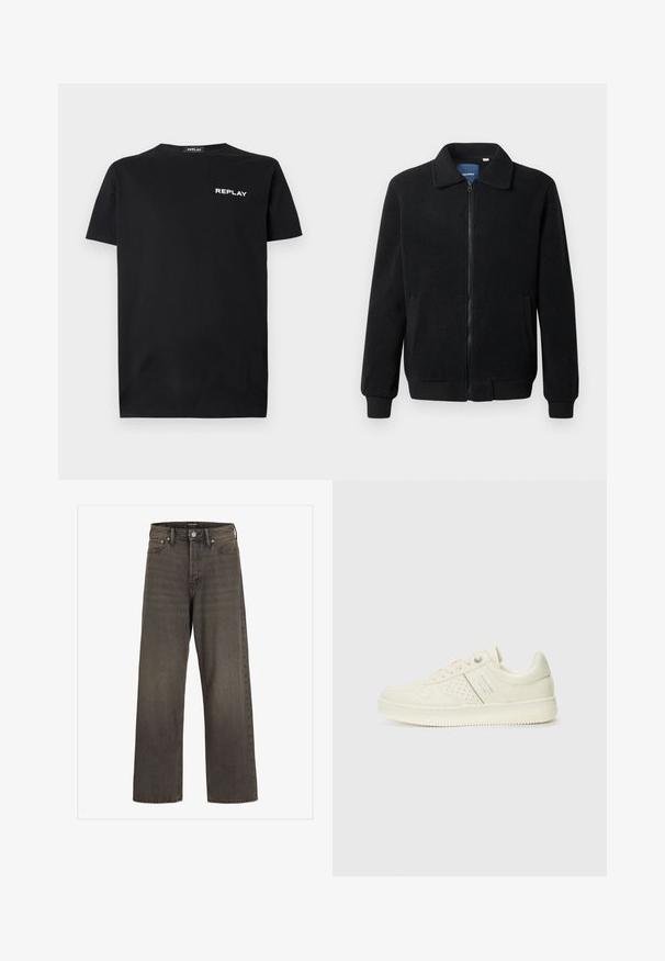 Casaco de polar preto com fecho de correr, gola alta, punhos canelados e bolsos laterais com uma superfície texturizada.; T-shirt de algodão preto com mangas curtas e decote redondo, apresentando um logotipo branco "REPLAY" na área do peito esquerdo. Textura suave.; Jeans de perna larga em denim cinza escuro, com cintura alta, design clássico de cinco bolsos e costura em contraste ao longo das costuras.; Sapatilha de cor creme com detalhes perfurados, atacadores e logotipo na lateral, apresentada contra um fundo branco liso.