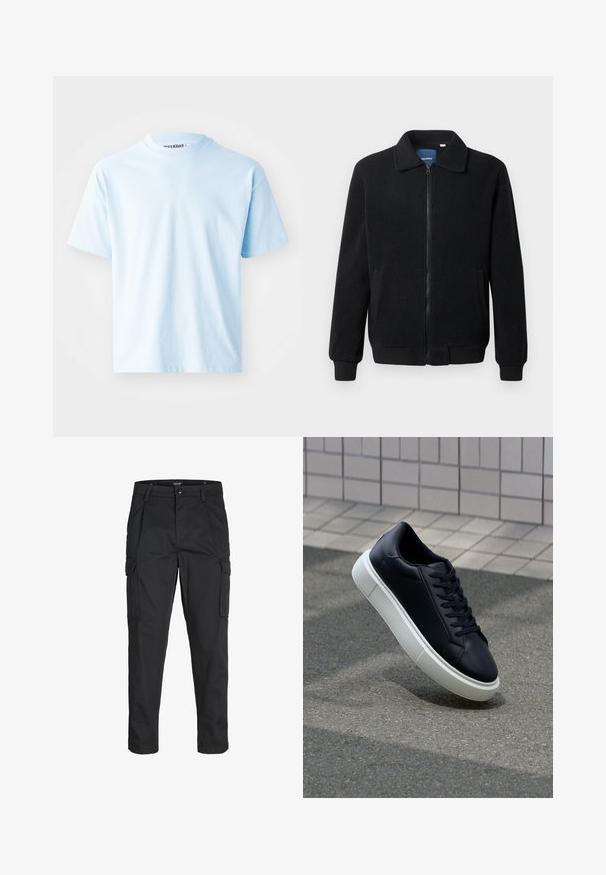 Svart fleecjacka med dragkedja, ståkrage, ribbade muddar och sidofickor med texturerad yta.; Ljusblå bomulls-T-shirt med korta ärmar, rund halsringning och minimala sömmar. Etiketten "WEEKDAY" är synlig vid nacken.; Svarta cargobyxor tillverkade av hållbart tyg, med flera fickor, knappstängning och en smal passform med avsmalnande ben.; Svart lädersneaker med rundad tå och vit gummisula. Har platta snören och minimal sömnad på ovansidan. Texturerad sula för grepp.