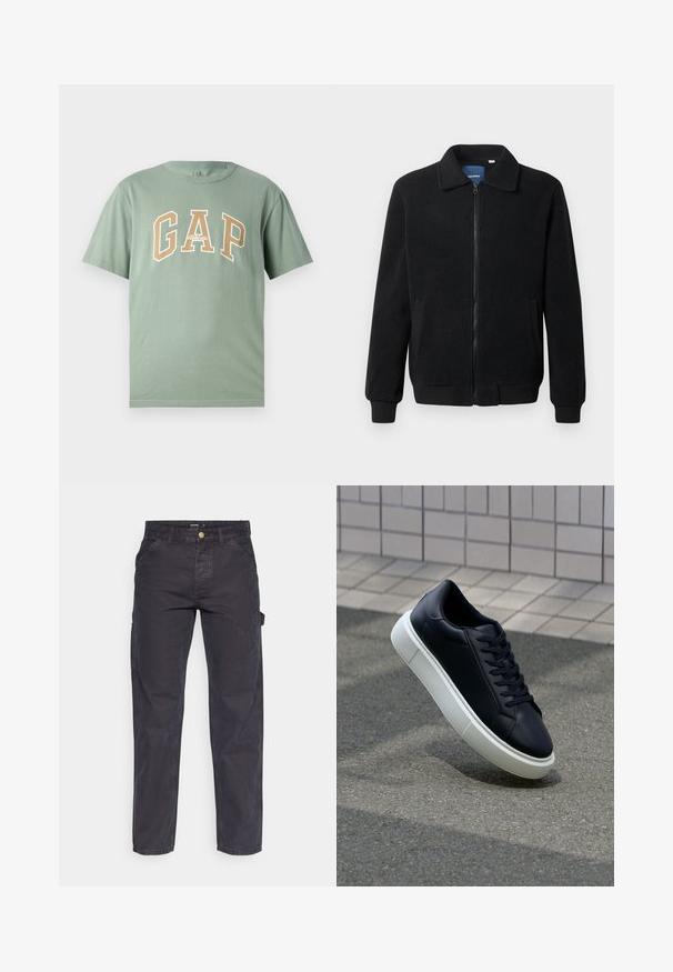 Juodas fliso džemperis su užtrauktuku, stovinčia apykakle, gumuotais rankogaliais ir šoninėmis kišenėmis, turinčiomis tekstūruotą paviršių.; Žalia medvilninė marškinė su dideliu baltu ir smėlio spalvos "GAP" logotipu. Trumpomis rankovėmis ir apvaliu kaklu, su lygiu paviršiumi.; Tamsiai pilkos krovininės kelnės, pagamintos iš patvarios medžiagos, su tiesaus kirpimo, penkiomis kišenėmis ir mygtukiniu užtrauktuku liemens srityje.; Juodas odinis sportbačius su apvaliu pirštu ir baltu gumuotu padu. Turi plokščias raišteles ir minimalų siuvimą viršuje. Padangos tekstūra užtikrina sukibimą.