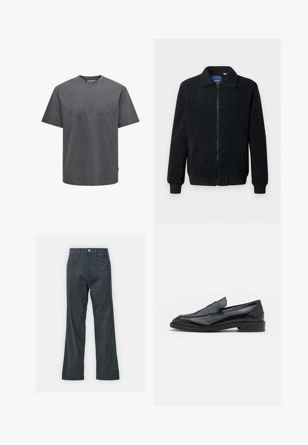 Schwarze Fleecejacke mit Reißverschluss, Stehkragen, gerippten Bündchen und seitlichen Taschen mit strukturiertem Oberflächenmaterial.; Graues Baumwoll-T-Shirt mit rundem Halsausschnitt und kurzen Ärmeln. Hat eine normale Passform und eine einfarbige Textur ohne sichtbare Muster oder Akzente.; Schwarze Hose mit geradem Bein, aus einem Baumwollmix. Verfügt über einen Metallknopfverschluss und seitliche Taschen. Keine sichtbaren Muster.; Schwarze Lederloafers mit glatter Oberfläche, runder Spitze und schmalem Riemen über dem Obermaterial. Niedriger, gestapelter Absatz.