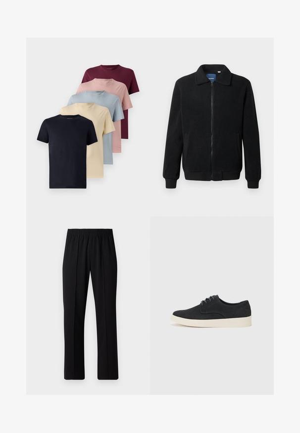 Černá fleecová bunda s zipovým uzávěrem, stojáčkem, vroubkovanými manžetami a bočními kapsami s texturovaným povrchem.; Pět krátkých triček s krátkým rukávem v řadě. Barvy zahrnují námořnickou modř, krémovou, světle modrou, růžovou a burgundskou. Hladká tkanina, design s kulatým výstřihem.; Černé kalhoty s elastickým pasem a rovnými nohavicemi, s hladkým povrchem a bez viditelných vzorů nebo kovových doplňků.; Černé semišové šněrovací boty s kulatou špičkou, lehkou krémovou podrážkou a jemným modrým prošíváním na svršku.