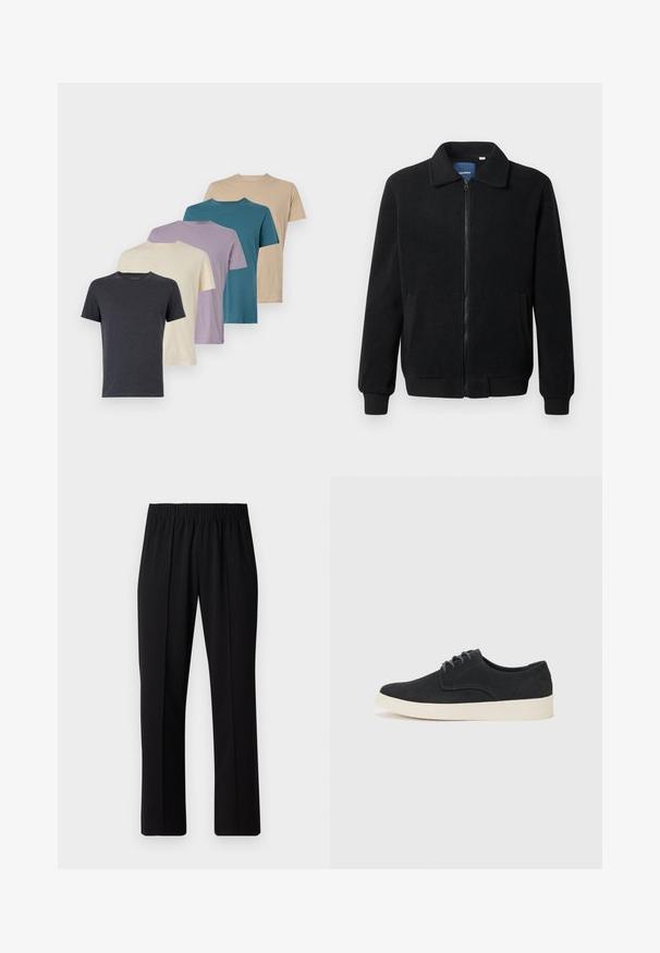 Chaqueta de forro polar negra con cierre de cremallera, cuello alzado, puños acanalados y bolsillos laterales con una superficie texturizada.; Cinco camisetas de manga corta en gris oscuro, crema, lavanda, azul verdoso y beige. Hechas de una tela suave con cuello redondo y corte estándar.; Pantalones negros con cintura elástica y diseño de pierna recta, con una textura suave y sin patrones o herrajes visibles.; Zapato negro de ante con cordones, punta redonda, suela ligera de color crema y sutiles acentos de costura azul en la parte superior.