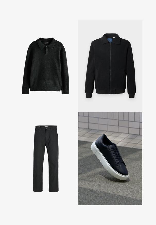 Black fleece jacket featuring a zip closure, stand collar, ribbed cuffs, and side pockets with a textured surface.; Black, textured pullover sweater with a collar, three-button placket, and long sleeves. Made from a soft, fuzzy material.; Black pants made of durable fabric, featuring a straight-leg design, stitched accents, and two front pockets for functionality.; Black leather sneaker with rounded toe and white rubber sole. Features flat laces and minimal stitching on the upper. Textured sole for grip.
