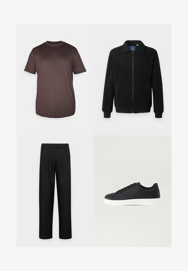Schwarze Fleecejacke mit Reißverschluss, Stehkragen, gerippten Bündchen und seitlichen Taschen mit strukturiertem Oberflächenmaterial.; Jack & Jones JJEBRADLEY NOOS - T-Shirt basic - mulch; Schwarze Hose aus glattem Stoff, mit geradem Bein Design, zwei vorderen Falten und einem Standardbund mit Gürtelschlaufen.; Pier One UNISEX - Sneaker low - black