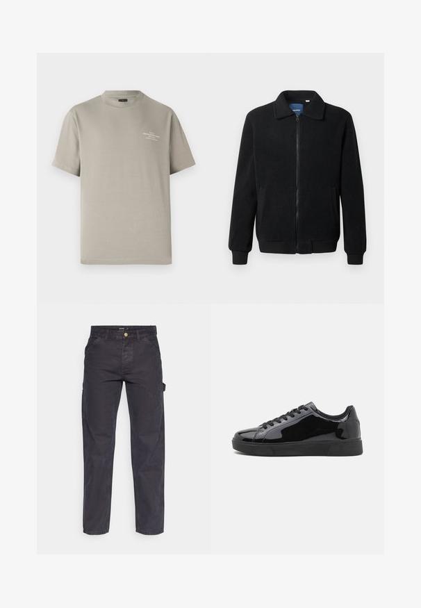 Jachetă din fleece neagră, cu închidere prin fermoar, guler înalt, manșete ribbate și buzunare laterale cu o suprafață texturată.; Tricou bej cu mânecă scurtă și gât rotund, confecționat din bumbac, cu un mic detaliu tipărit pe partea superioară stângă a pieptului.; Pantaloni cargo gri închis, confecționați dintr-un material durabil, cu croială dreaptă, cinci buzunare și închidere cu nasture la talie.; Tenisi din piele lacuită neagră, cu vârf rotund, talpă plată din cauciuc și șireturi negre. Textură netedă și lucioasă pe suprafața superioară.